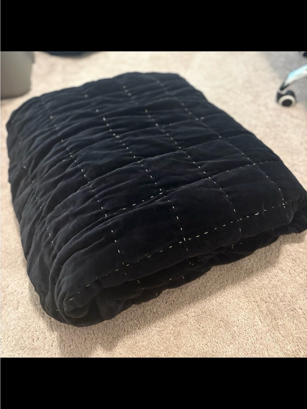 Pottery Barn Velvet Handcrafted Box Stitch Quilt - Black / Cream